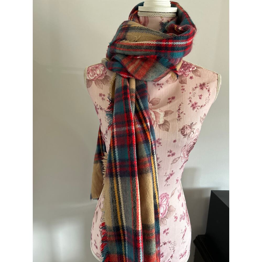 Vintage Plaid Scarf Wrap Red Aqua Tan Large